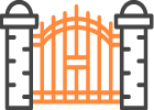 picto en orange et noir d'un portail en acier et de colonne en pierre